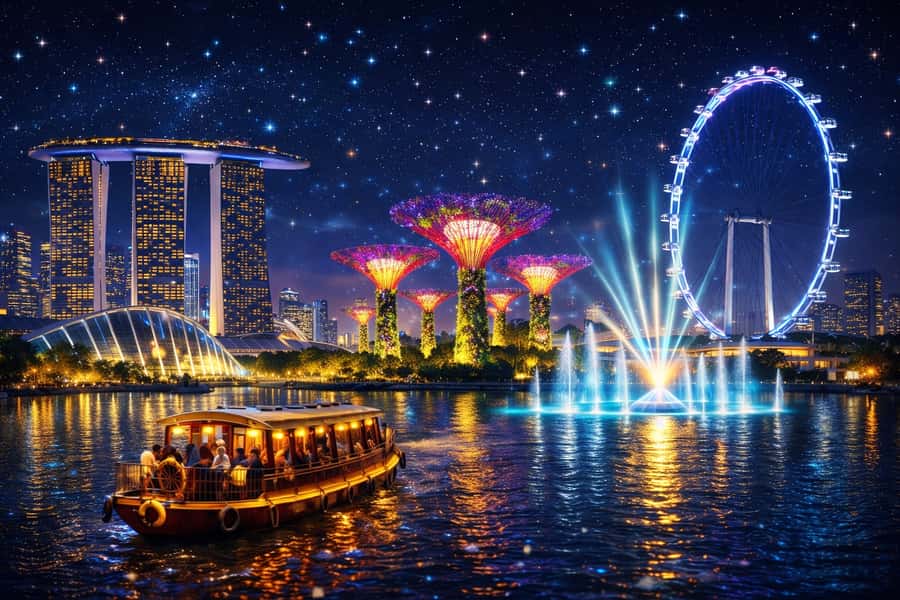 Singapore Starry Night: Cruise, Garden Rhapsody & Spectra - The Merlion and Marina Bay opening view